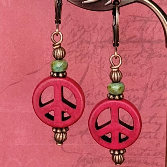 Burgundy RED Howlite Peace Sign Czech Copper Earrings Brass Lever Back Earwires - Picture 4 of 9